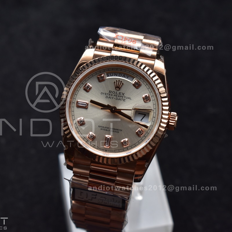 DayDate 36 RG QF Best Edition 904L Steel Silver Dial with Square Diamond on President Bracelet vr3255 V5 (Gain Weight)